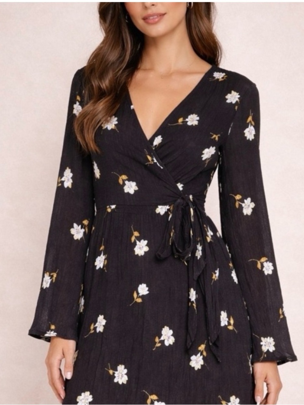Billabong Black Floral Wrap Dress with White Blooms medium